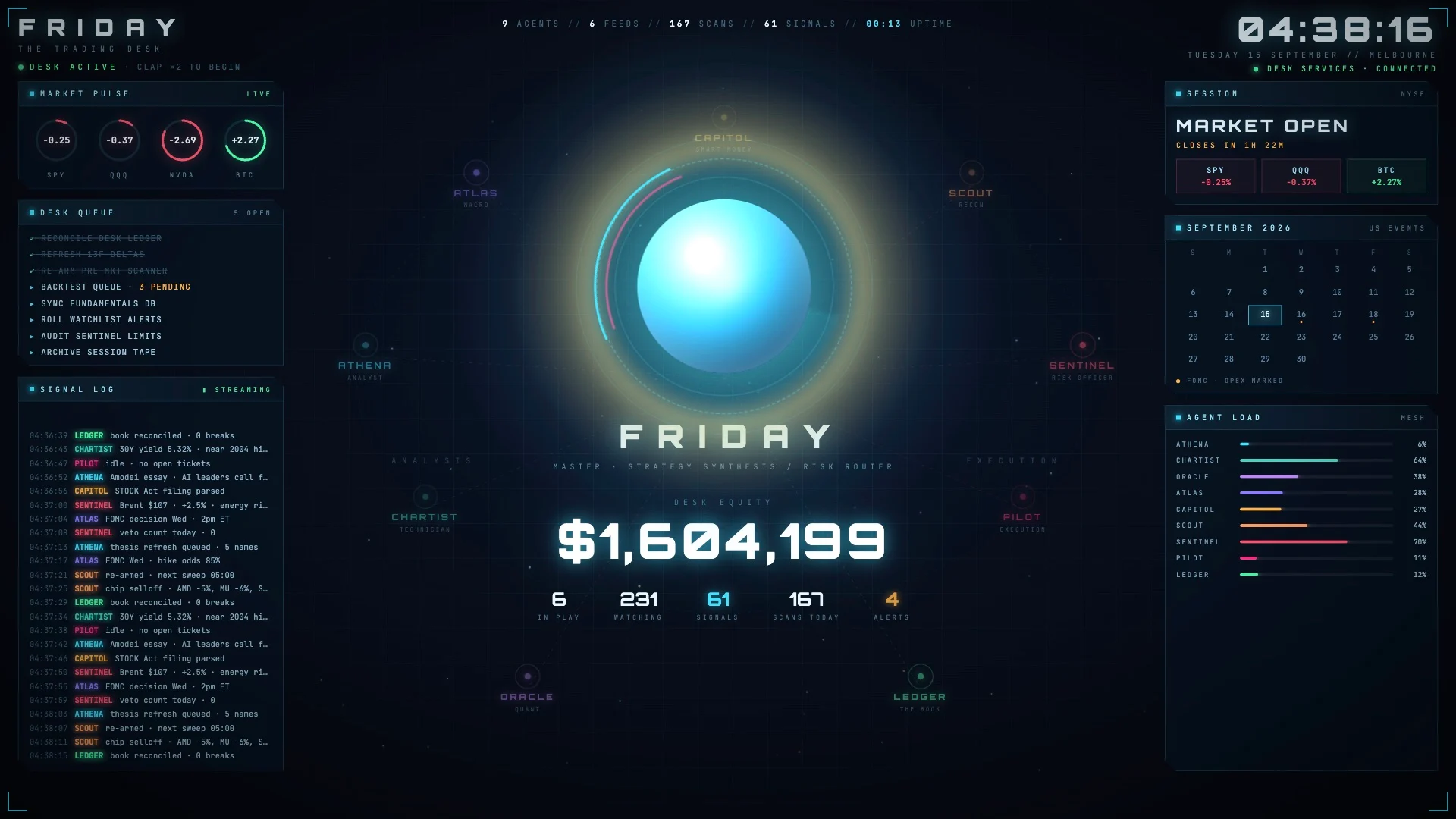 A dark trading-desk HUD: a glowing central orb with a gold halo, nine named agent nodes arranged around it, a market pulse panel with four tickers, a desk queue, a streaming signal log, an NYSE session panel, a September calendar and per-agent load bars.