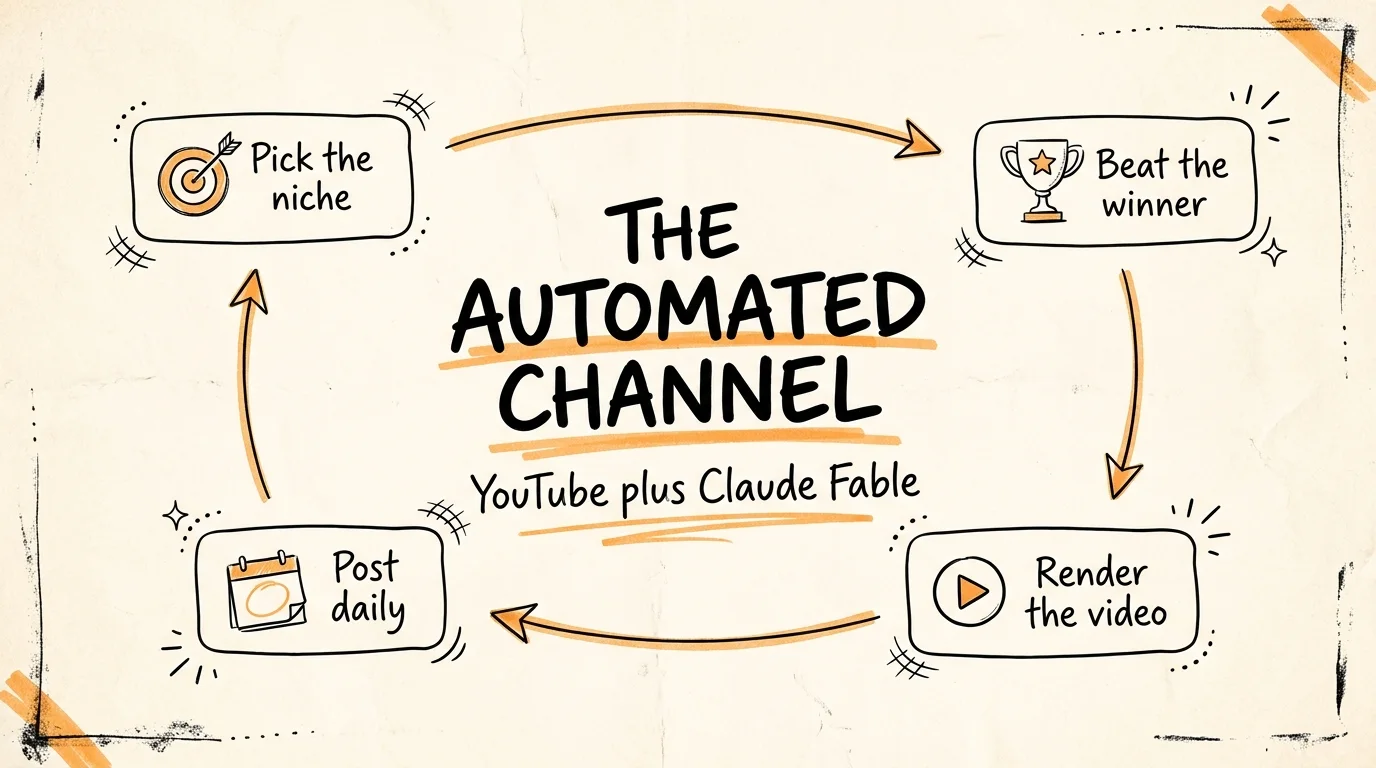 Hand-drawn diagram titled “The Automated Channel: YouTube plus Claude Fable”, a loop of four steps: pick the niche, beat the winner, render the video, post daily.