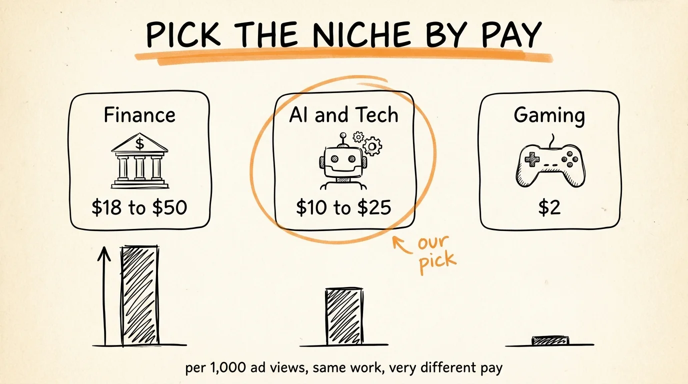 Hand-drawn chart titled “Pick the niche by pay”: finance $18 to $50, AI and tech $10 to $25 circled as “our pick”, gaming $2, labelled per 1,000 ad views.
