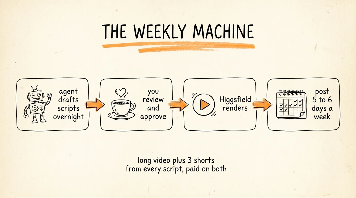 Hand-drawn flow titled “The weekly machine”: an agent drafts scripts overnight, you review and approve, Higgsfield renders, you post 5 to 6 days a week; a long video plus 3 shorts from every script.