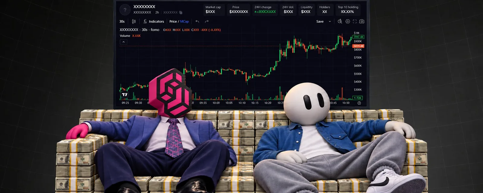 Cover art: two characters lounging on a sofa built from stacks of banknotes, one with a pink geometric logo for a head in a suit, one with a round white mascot head in a denim jacket, in front of a large memecoin market-cap chart.