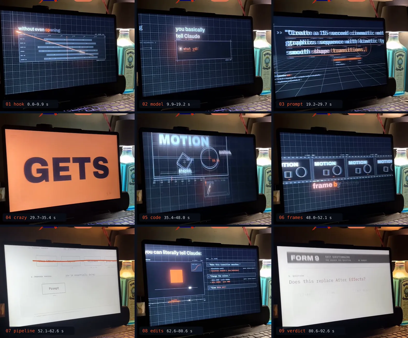 Nine frames from the video in a three-by-three grid, each a laptop screen: 01 hook, a timeline chart with “without even opening”; 02 model, “you basically tell Claude” over graph paper; 03 prompt, the example prompt typed in large stuttering type over a 3D grid; 04 crazy, the word GETS in black on orange; 05 code, MOTION with a square and a circle labelled shapes and positions; 06 frames, a strip of identical frames with “frame by frame”; 07 pipeline, a white form crossing out After Effects, layers and keyframes above a Prompt box; 08 edits, “you can literally tell Claude:” beside an orange square and a list of edit requests; 09 verdict, a white form asking “Does this replace After Effects?”.