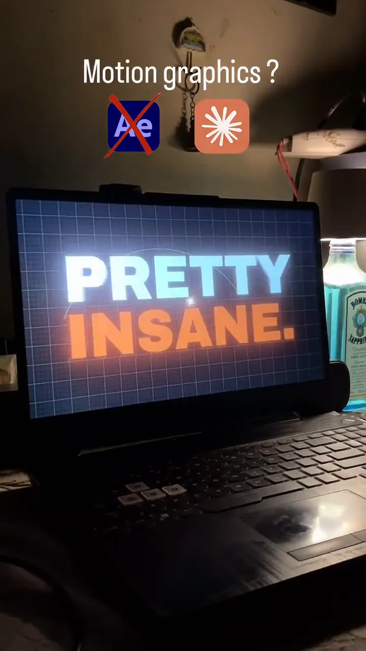 A phone recording of a laptop playing the Motion as Code explainer, with a “Motion graphics ?” caption, a crossed-out After Effects icon and the Claude logo above the screen; the screen shows the final slam, PRETTY INSANE., in white and orange over graph paper.