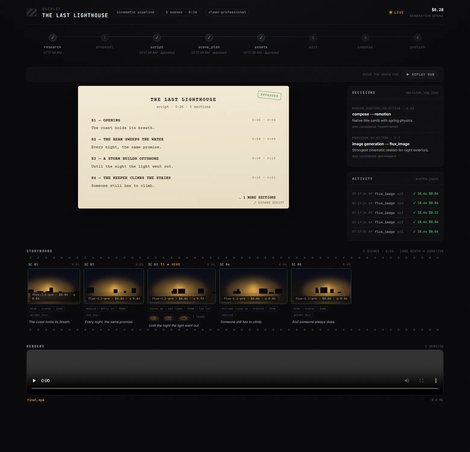 The Backlot board for a production called The Last Lighthouse with every stage up to assets approved, five storyboard cards each showing an image, the model, its cost and a quality score, three alternative takes under the hero scene, and the final render player underneath.